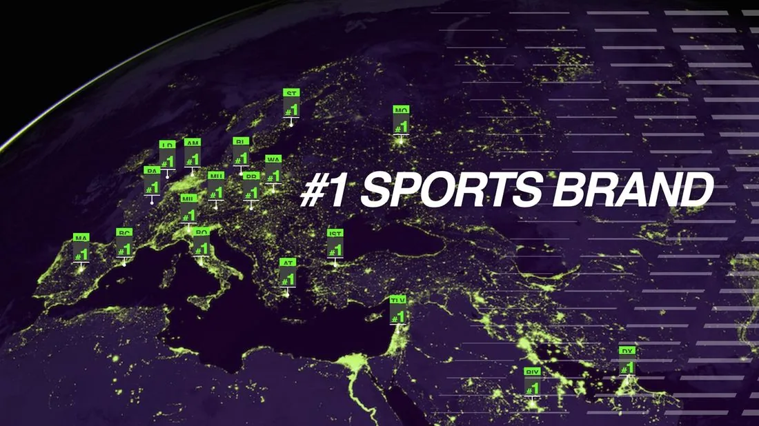 Night map of Europe and the Middle East with #1 markers over key cities: Nike, the #1 sports brand
