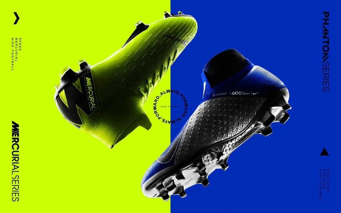 Nike Always Forward pack: a volt Mercurial and a racer blue Phantom VSN boot on split yellow and blue backgrounds