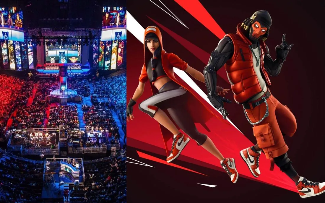 A packed esports arena lit in red and blue next to Fortnite characters wearing Air Jordan 1 sneakers