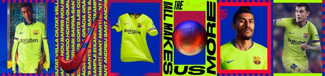 FC Barcelona 2018/19 away kit launch artwork: the fluorescent yellow jersey framed by Barcelona neighborhood names, a Nike swoosh and the line The Ball Makes Us More