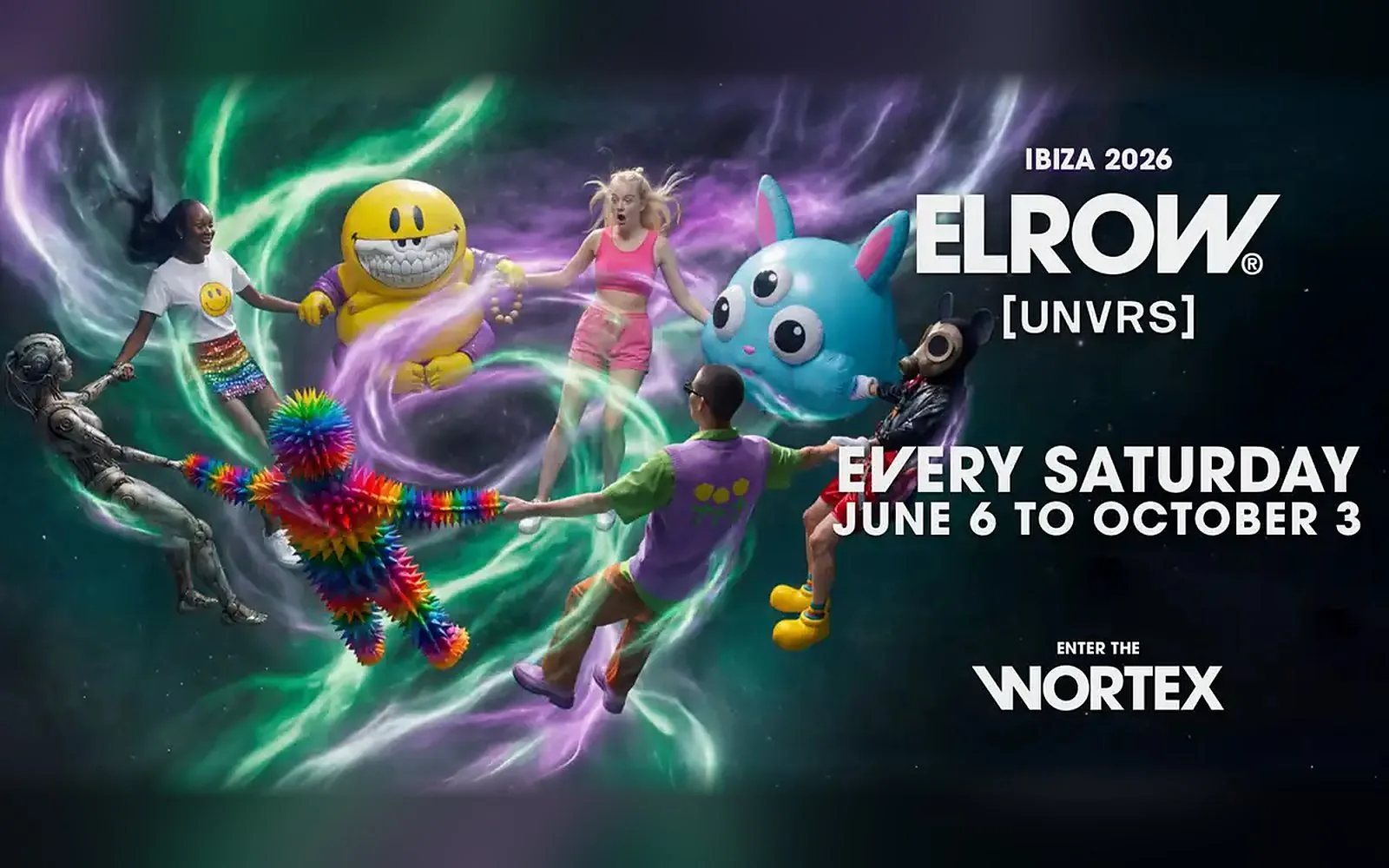 elrow UNVRS Ibiza 2026 key visual, Enter the Wortex: AI-generated characters and dancers holding hands in a cosmic vortex