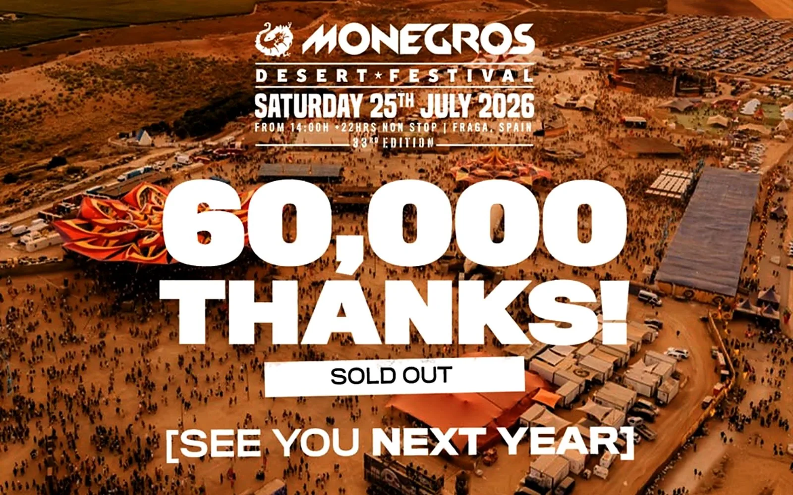 Monegros Desert Festival 2026: aerial view of the sold-out festival with the message 60,000 thanks, sold out